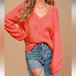 Lulu's Cozy Pink Coral V-Neck Sweater